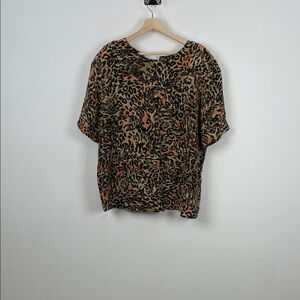 NYC Blouse Co Silk Leopard Print Short Sleeve Pulloveer Vintage Women's 18W Top